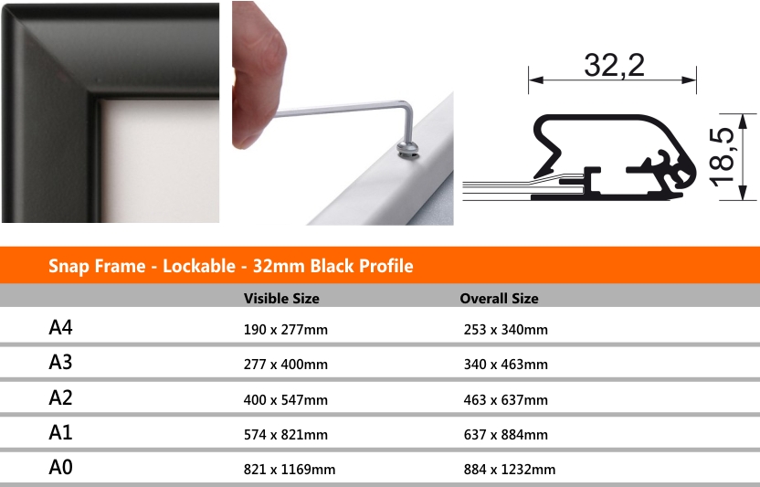 Snap Frame Lockable 32mm Black Profile